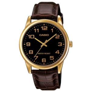 Casio MTP-V001GL-1BUD GENTS Watch – BLACK DIAL with Premium GOLDEN CASE & BROWN LEATHER STRAP Design - Image 1