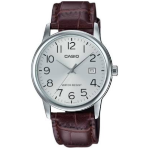 Casio MTP-V002L-7B2UD GENTS Watch – SILVER DIAL with Premium BROWN LEATHER STRAP Design - Image 1