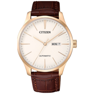 Citizen NH8353-18A GENTS Watch – WHITE DIAL with Premium ROSE GOLD BEZEL & BROWN LEATHER STRAP Design - Image 1