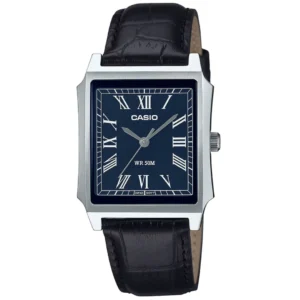 CASIO MTP-B190L-2BVD GENTS Watch – SQUARE BLUE ROMAN DIAL, SILVER CASE & BLACK GENUINE LEATHER STRAP Design - Image 1