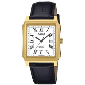 CASIO MTP-B190GL-7BVD GENTS Watch – SQUARE WHITE ROMAN DIAL, GOLD-TONE CASE & BLACK GENUINE LEATHER STRAP Design - Image 1