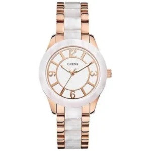 GUESS W0074L2 LADIES Watch – WHITE DIAL with ROSE GOLD CASE, WHITE BEZEL & WHITE CHAIN Design - Image 1