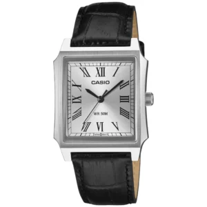 CASIO MTP-B190L-7BVD GENTS Watch – SQUARE SILVER ROMAN DIAL, POLISHED CASE & BLACK GENUINE LEATHER STRAP Design - Image 1