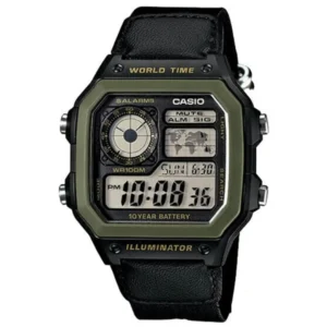 CASIO AE-1200WHB-1BV ILLUMINATOR GENTS Watch – SQUARE DIGITAL SCREEN with WORLD MAP, GREEN & BLACK CASE & BLACK CLOTH STRAP Design - Image 1