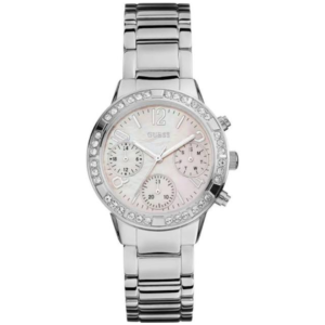 GUESS W0546L1 LADIES Watch – WHITE MOTHER OF PEARL MULTIDIAL with STONE BEZEL & STEEL CHAIN Design - Image 1