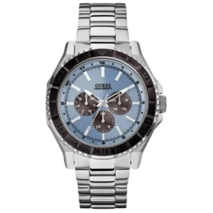 GUESS W0479G2 GENTS Watch – BLUE MULTIDIAL with BROWN ACCENTED CASE & ALL SILVER STEEL CHAIN Design - Image 1