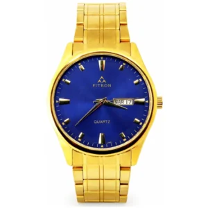 FITRON 1829M DIASTAR GENTS Watch – ALL GOLDEN STAINLESS STEEL CASE & BRACELET, BLUE STONE DIAL, DAY & DATE DISPLAY - Image 1