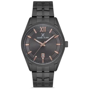 DANIEL KLEIN DK 1.12567-5 GENTS Watch – ALL GUNMETAL STAINLESS STEEL CASE & CHAIN, GUNMETAL DIAL WITH GOLDEN HANDS & FIGURES, DATE DISPLAY - Image 1