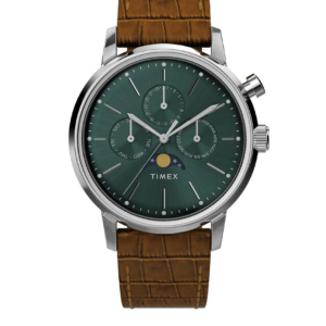 TIMEX MARLIN MOON PHASE MEN’S SILVER STAINLESS STEEL GREEN DIAL QUARTZ WATCH AT2W513 – 34MM - Image 1