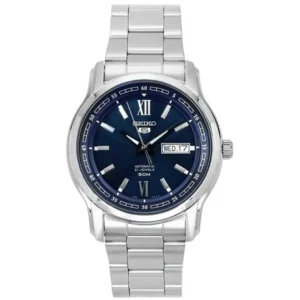 SEIKO SNK571K1 GENTS Watch – AUTOMATIC 21 JEWELS CALIBER, SUNBURST NAVY BLUE DIAL, DAY-DATE DISPLAY & ALL SILVER CHAIN Design - Image 1