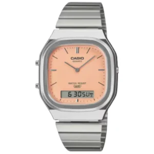 CASIO VINTAGE AQ-240E-4A GENTS Watch – DUAL TIME ANA-DIGI, SUNRAY PASTEL PINK DIAL, SLIM OCTAGONAL CASE & ALL SILVER CHAIN Design - Image 1