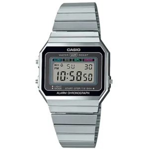 CASIO A700W-1A VINTAGE GENTS Watch – ULTRA-SLIM SQUARE DIGITAL SCREEN, CHROME CASE & ALL SILVER CHAIN Design - Image 1