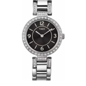 TIMEX WOMEN’S CRYSTAL COLLECTION SILVER STAINLESS STEEL BLACK DIAL QUARTZ WATCH T2N453 – 22MM - Image 1