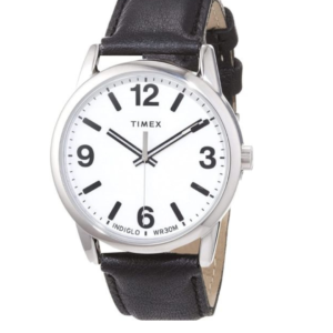 TIMEX EASY READER MEN’S SILVER TONE WHITE INDIGLO DIAL BLACK LEATHER WATCH TW2U71700 – 32MM - Image 1