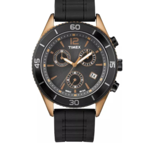 TIMEX LADIES’ BLACK DIAL ALUMINUM CASE RUBBER STRAP QUARTZ WATCH T2N829 – 33MM - Image 1