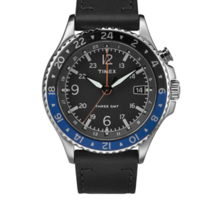 TIMEX MILITARY GMT MEN’S SILVER-TONE STAINLESS STEEL BLACK LEATHER STRAP QUARTZ WATCH TW2R43600 – APPROX. 36MM DIAL - Image 1