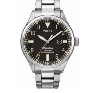 TIMEX HERITAGE COLLECTION WATERBURY MEN’S SILVER STAINLESS STEEL BLACK DIAL QUARTZ WATCH TW2R25100 – APPROX. 34MM DIAL - Image 1
