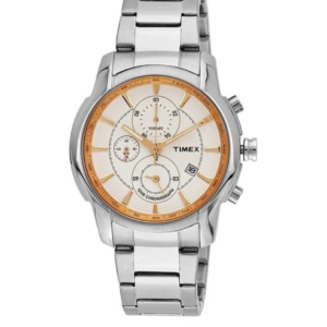 TIMEX E CLASS MEN’S SILVER STAINLESS STEEL WHITE & GOLD CHRONOGRAPH WATCH TW000Y501 – APPROX. 36MM DIAL - Image 1
