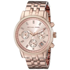 MICHAEL KORS MK6077 LADIES Watch – BRADSHAW CHRONOGRAPH WHITE DIAL, POLISHED ROSE GOLD CASE & STEEL BRACELET Design - Image 1