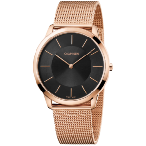 CALVIN KLEIN K3M2T621 GENTS Watch – SWISS MADE MINIMALIST BLACK DIAL, ROSE GOLD CASE & ROSE GOLD MESH CHAIN Design - Image 1