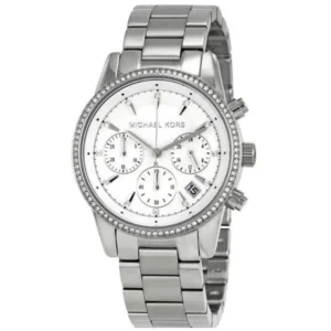 MICHAEL KORS MK6428 LADIES Watch – RITZ CHRONOGRAPH SILVER DIAL, CRYSTAL PAVE BEZEL & POLISHED STAINLESS STEEL BRACELET Design - Image 1