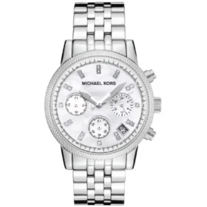 MICHAEL KORS MK5020 LADIES Watch – RUNWAY CHRONOGRAPH WHITE MOTHER OF PEARL DIAL, ALL STAINLESS STEEL CASE & BRACELET Design - Image 1