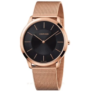 CALVIN KLEIN K3M2T621 GENTS Watch – SWISS MADE MINIMALIST BLACK DIAL, ROSE GOLD CASE & ROSE GOLD MESH CHAIN Design - Image 1