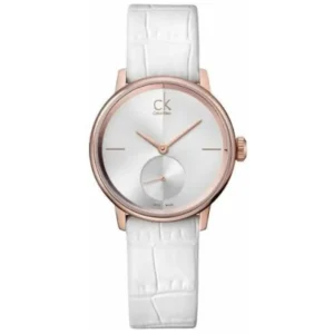 CALVIN KLEIN K2Y236K6 LADIES Watch – SWISS MADE MINIMALIST WHITE DIAL, ROSE GOLD CASE, SIDE SECOND & WHITE LEATHER STRAP Design - Image 1