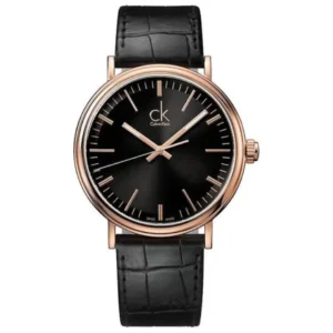 CALVIN KLEIN K3W216C1 GENTS Watch – SWISS MADE MINIMALIST BLACK DIAL, ROSE GOLD CASE, ROSE GOLD HANDS & GENUINE BLACK LEATHER STRAP Design - Image 1