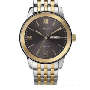 TIMEX MEN’S TWO-TONE GOLD & SILVER STAINLESS STEEL BLACK DIAL ANALOG WATCH TWP76500 – 34MM - Image 1
