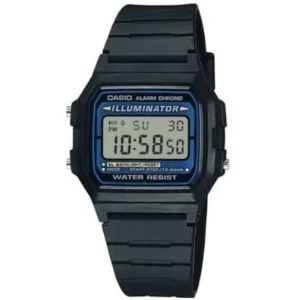 CASIO F-105W-1AD ILLUMINATOR GENTS Watch – SQUARE DIGITAL SCREEN with ELECTRO LUMINESCENCE (EL) BACKLIGHT, BLACK CASE & BLACK RUBBER STRAP Design - Image 1