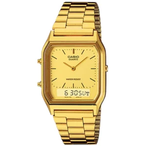 CASIO AQ-230GA-9D VINTAGE GENTS Watch – SQUARE ANA-DIGI GOLD DIAL, GOLD ION-PLATED CASE & ALL GOLDEN CHAIN Design - Image 1