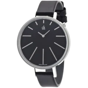 CALVIN KLEIN K3E23100 LADIES Watch – SWISS MADE MINIMALIST BLACK DIAL, POLISHED STEEL CASE & GENUINE BLACK LEATHER STRAP Design - Image 1