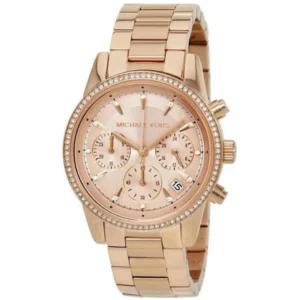 MICHAEL KORS MK6357 LADIES Watch – RITZ CHRONOGRAPH ROSE GOLD DIAL, CRYSTAL PAVE BEZEL & ROSE GOLD STEEL BRACELET Design - Image 1