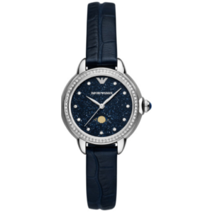EMPORIO ARMANI AR 11629 LADIES Watch – STAINLESS STEEL CASE, BLUE LEATHER STRAP, SHINE BLUE DIAL WITH MOON PHASE, QUARTZ MOVEMENT - Image 1