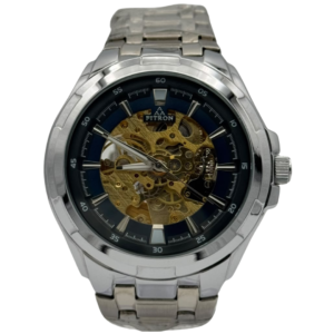 FITRON 117177M GENTS Watch – BLUE DIAL, SKELETON CENTER, ALL-SILVER STAINLESS STEEL CASE & CHAIN, AUTOMATIC MOVEMENT - Image 1