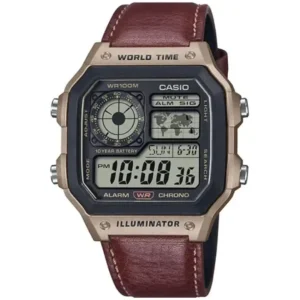 CASIO AE-1200WHL-5AV Watch – DIGITAL DISPLAY, SQUARE ROSE GOLD CASE, BROWN LEATHER STRAP - Image 1