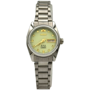 ORIENT BNQ0A01JR8 LADIES Watch – LIGHT GREEN DIAL, GOLDEN HANDS, DAY & DATE DISPLAY, ALL SILVER STAINLESS STEEL CASE & CHAIN, IN-HOUSE AUTOMATIC MOVEMENT - Image 1