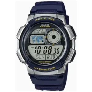 CASIO AE-1000W-2AV GENTS Watch – DIGITAL DISPLAY, SILVER CASE, BLUE RUBBER STRAP, WORLD TIME - Image 1