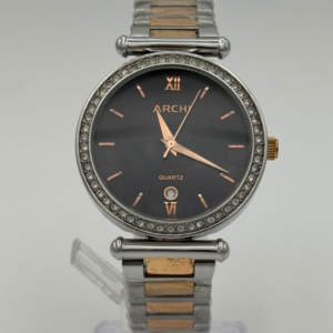 ARCHI A0853L SILVER ROSE GOLD BLACK DIAL STONE STUDDED WOMEN'S WATCH - Image 1