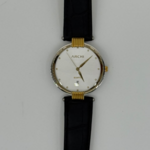 ARCHI A0105M SILVER GOLD WHITE DIAL BLACK LEATHER STRAP MEN'S WATCH - Image 1