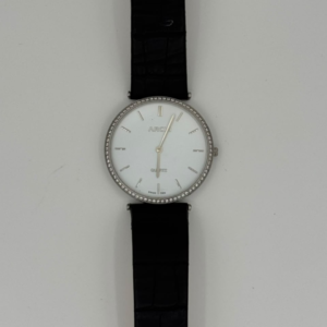 ARCHI A0703M SILVER WHITE DIAL STONE BEZEL BLACK LEATHER STRAP MEN'S WATCH - Image 1