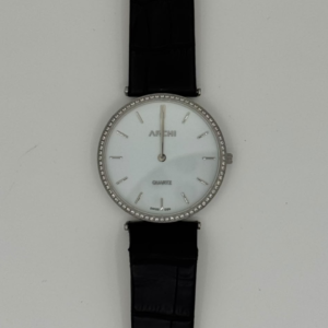 ARCHI A0703M SILVER WHITE DIAL STONE STUDDED BEZEL BLACK LEATHER STRAP MEN'S WATCH - Image 1