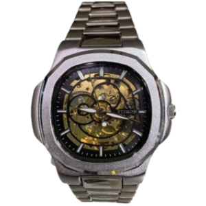 FITRON 117196 GENTS Watch – GOLDEN SKELETON BLACK DIAL, ALL-SILVER STAINLESS STEEL CASE & CHAIN, AUTOMATIC MOVEMENT - Image 1