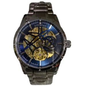 FITRON 117189M GENTS Watch – BLUE DIAL, GOLDEN SKELETON CENTER, ALL-SILVER STAINLESS STEEL CASE & CHAIN, AUTOMATIC MOVEMENT - Image 1
