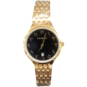 RENOVA RN0224-L LADIES Watch – BLACK DIAL WITH ARABIC NUMBERS, ALL-GOLD CASE & CHAIN, GOLDEN HANDS, DATE DISPLAY, QUARTZ MOVEMENT - Image 1